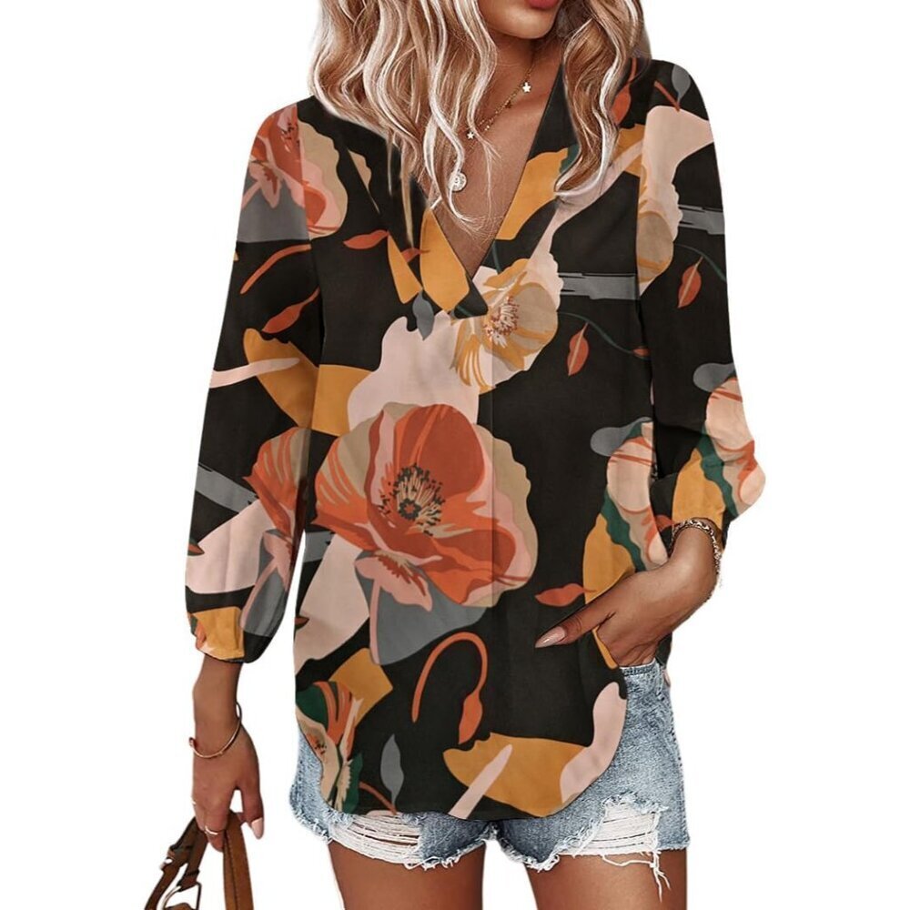 Women's Long Sleeve Pom Pom Top V Neck Pleated Blouse Casual Loose Shirt